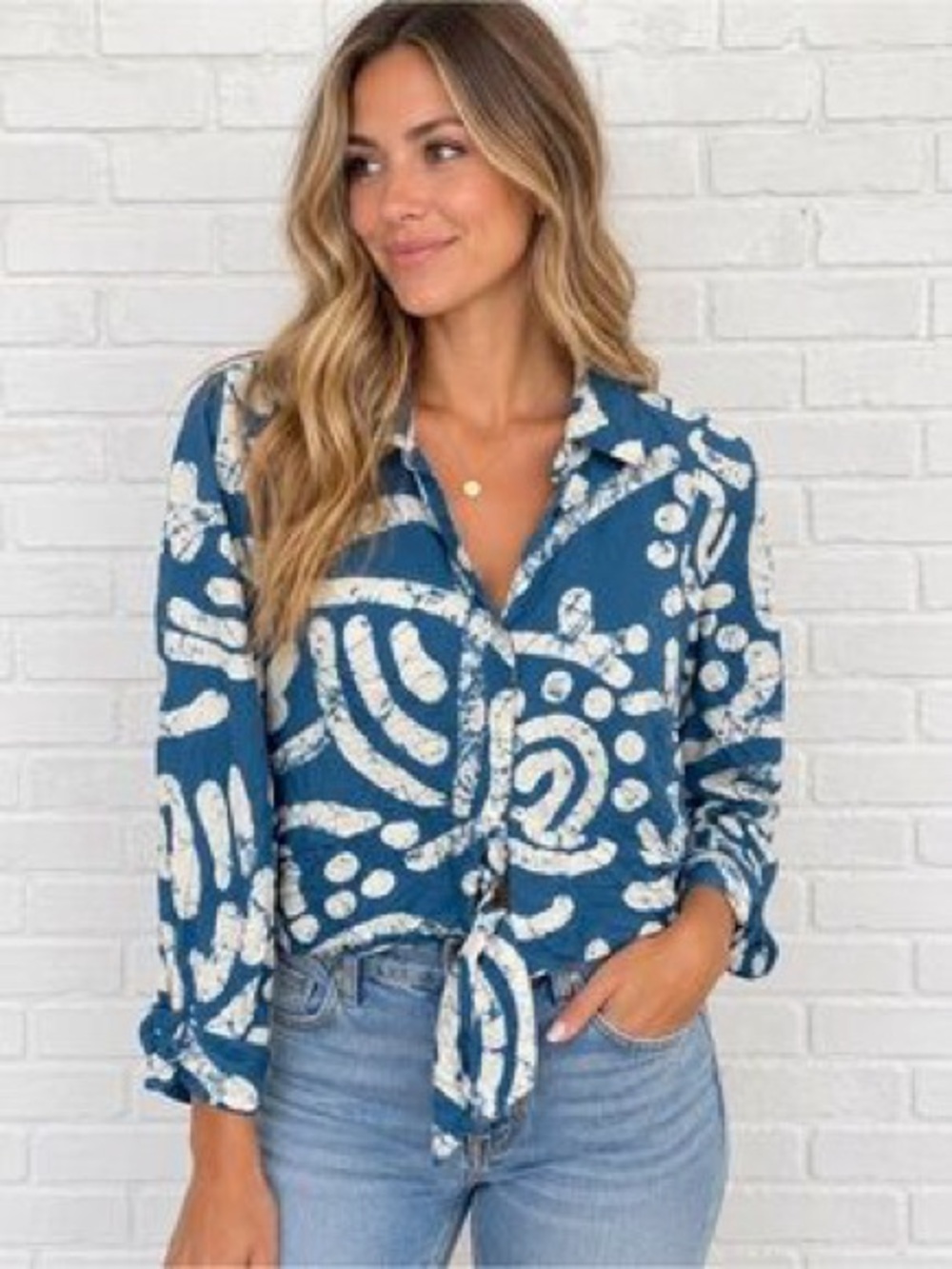 Haute Hippie Linen Blend Long Sleeve Top Button Down Crop, Blue and White, M